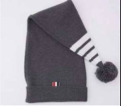 A grey hat with white stripes

Description automatically generated