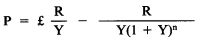 Formula - P equals £(R divided by Y) minus (R divided by (Y(1 plus Y) to the power of n))